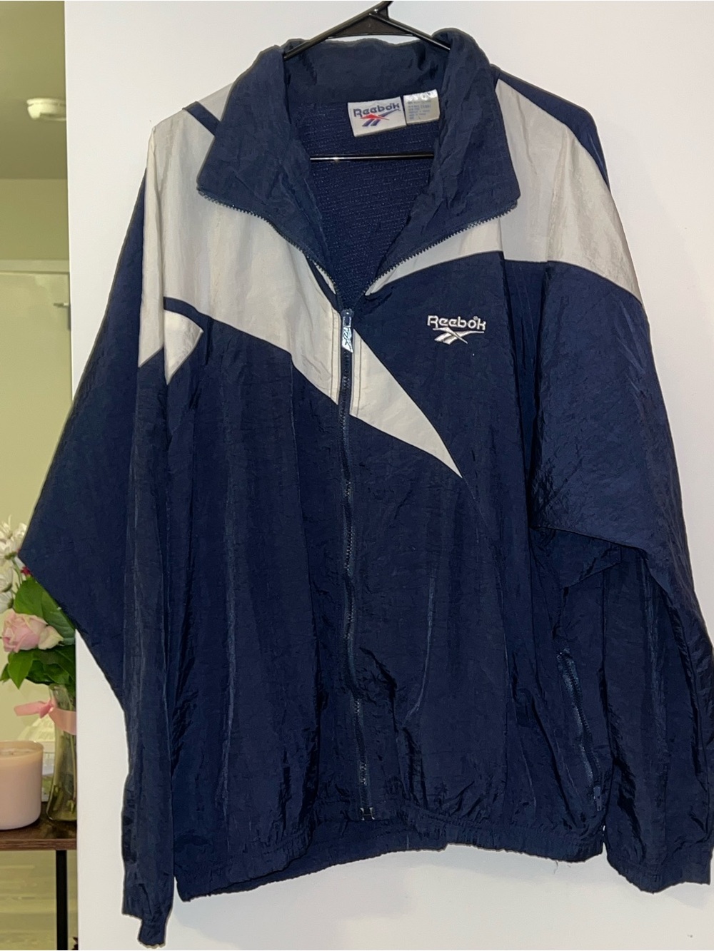 Vintage Reebok Vector Windbreaker Navy and White Zip-Up